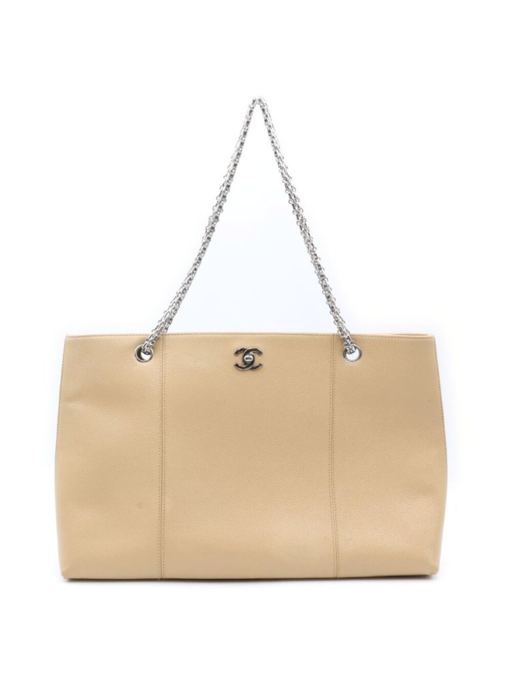 Chanel CC Logo Chain Tote Bag Beige Cabiskin Silver